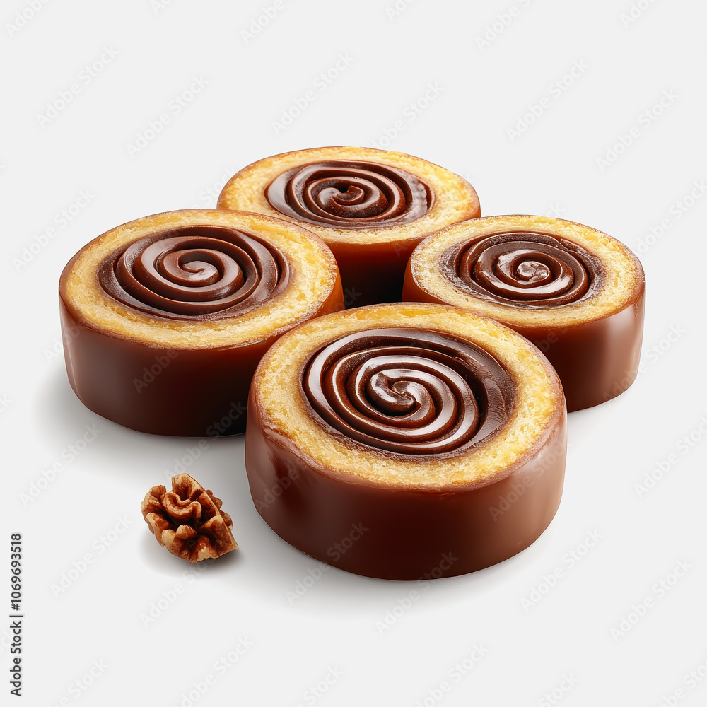 Indulge in a delicious Swiss roll featuring a rich chocolate swirl, set against a clean white background. Perfect for desserts or culinary presentations. Indulge in a delicious Swiss roll featuring a rich chocolate swirl, set against a clean white background. Perfect for desserts or culinary presentations.