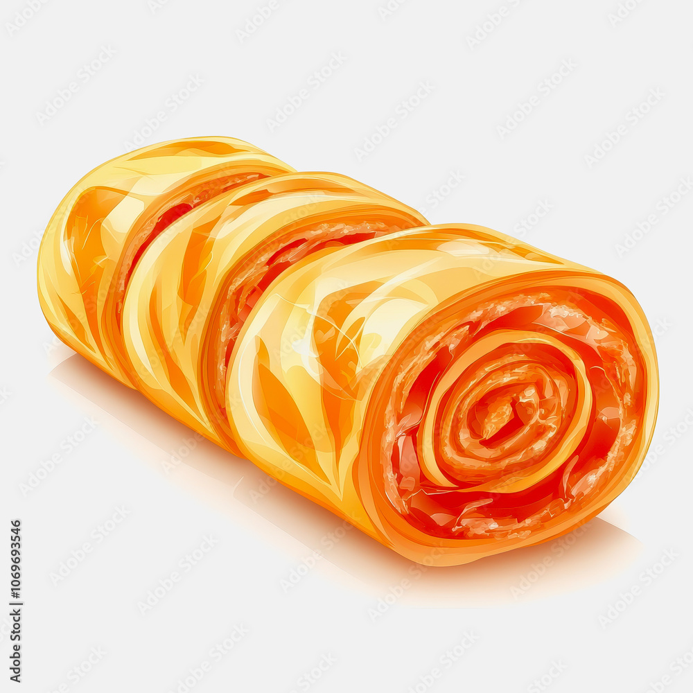 Fototapeta premium Delight in this fresh Swiss roll showcasing smooth layers of sweetness on a pristine white background, perfect for food photography and culinary presentations.