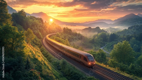High-Speed Train Racing Along Scenic Railway at Sunset with Lush Green Forest and Mountainous Landscape, Hyper-Realistic Depiction of Modern Transportation in Beautiful Natural Setting