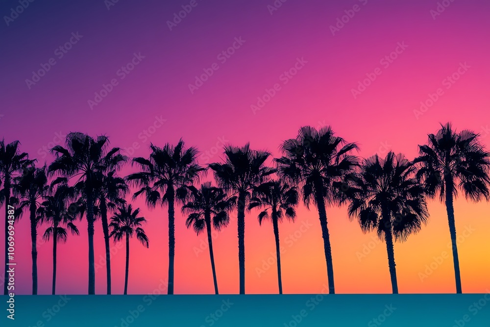Obraz premium Silhouettes of palm trees against a vibrant sunset sky.