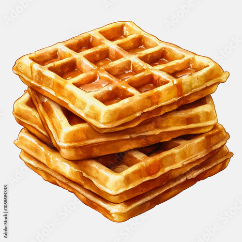 A vibrant stack of fluffy waffles drizzled with syrup, perfect for breakfast or brunch. This appetizing illustration showcases their golden, crispy texture against a clean white background.