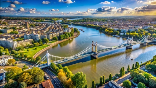 Aerial View of Albert Bridge over the River Thames, Connecting Chelsea and Battersea in Central London, Showcasing Architectural Beauty and Scenic City Landscape