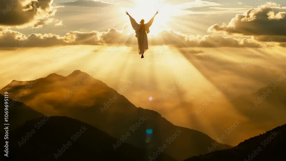 A heavenly scene of an angelic figure gracefully ascending into the sky, bathed in golden rays of sunlight piercing through scattered clouds above mountain peaks.
A heavenly scene of an angelic figure gracefully ascending into the sky, bathed in golden rays of sunlight piercing through scattered clouds above mountain peaks.