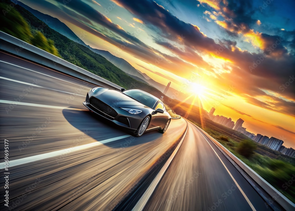 Naklejka premium Aerial View of a Modern Vehicle Speeding on a Highway Surrounded by Scenic Landscape, Showcasing the Power and Elegance of Contemporary Automotive Design in Motion