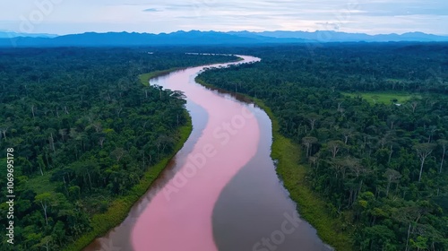 Aerial View of Pink River Winding Through Lush Amazon Rainforest