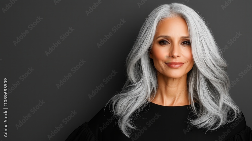 Mature Woman with Silver Hair Elegant Portrait against Gray Background Mature Woman with Silver Hair Elegant Portrait against Gray Background
