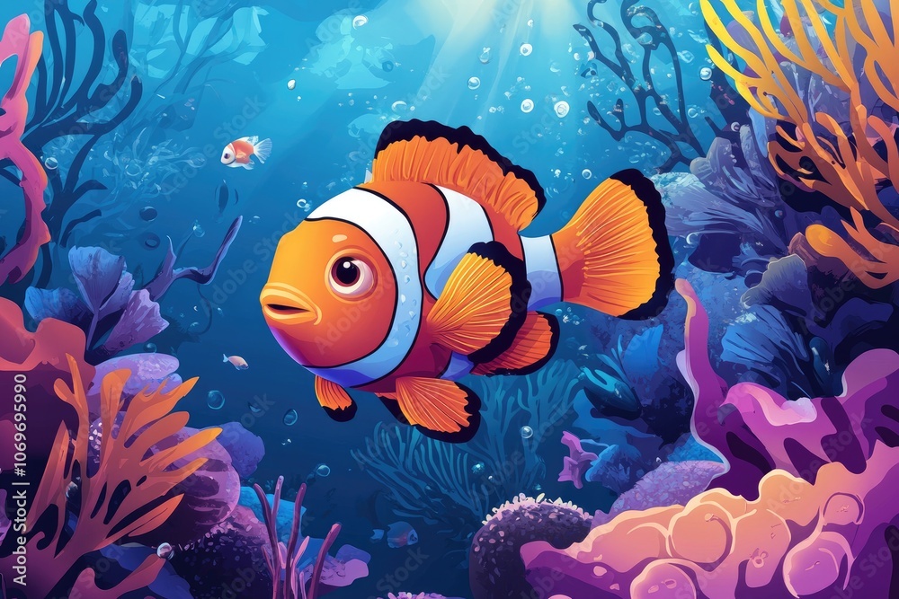 Fototapeta premium An orange and white clownfish swimming through vibrant coral reef