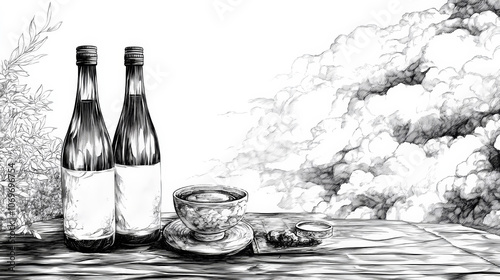 black and white illustration, line drawing, of japanese sake flight with bottle