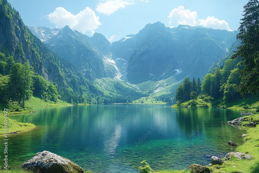 Fototapeta premium Crystal clear lake nestled in mountain valley. A stunning landscape photo perfect for travel brochures, nature documentaries, and any project needing a serene, majestic scene.