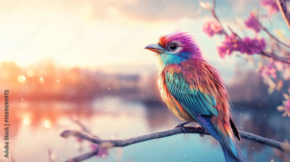 Obraz premium lovely picture of a friendly looking bird sitting an a branch, the bird is stunning colorful, in the background far away there is a beautiful lake