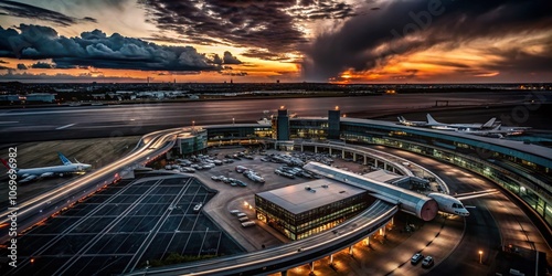 Aerial View of Delta Logan Airport Terminal Showcasing Modern Architecture, Runways, and Surrounding Areas with Vibrant Sky and Busy Activity Below