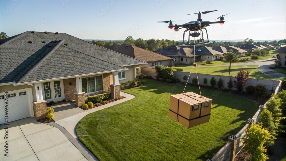 Fototapeta premium Aerial View of High-Tech Drone Delivering Package to Suburban Home with Green Lawn and Modern Architecture in a Sunny Neighborhood