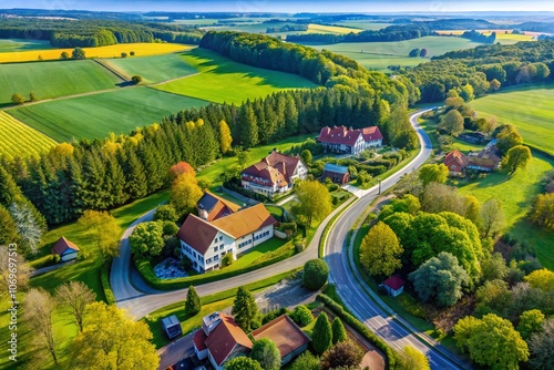 Aerial View of Haus an der Straße in Lipperland, Schieder: Captivating Landscape Showcasing Unique Architecture and Scenic Surroundings in a Serene Environment photo