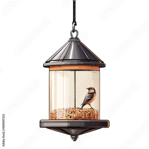 Bird feeder with a bird on a white background. Vector illustration. 