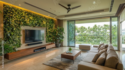 A modern living room featuring a green wall  large windows  and comfortable furniture  creating a spacious and inviting atmosphere.