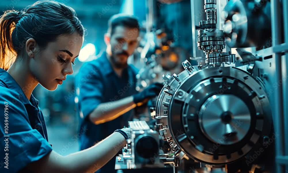 Female Engineer Working on Complex Machinery in a Factory Female Engineer Working on Complex Machinery in a Factory