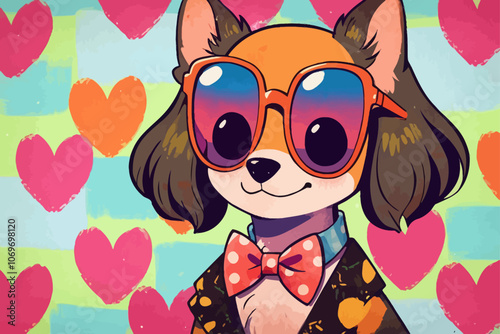 A fun-loving, whimsical, and quirky scene painting of an adorable, cute dog wearing sunglasses Ai generated image