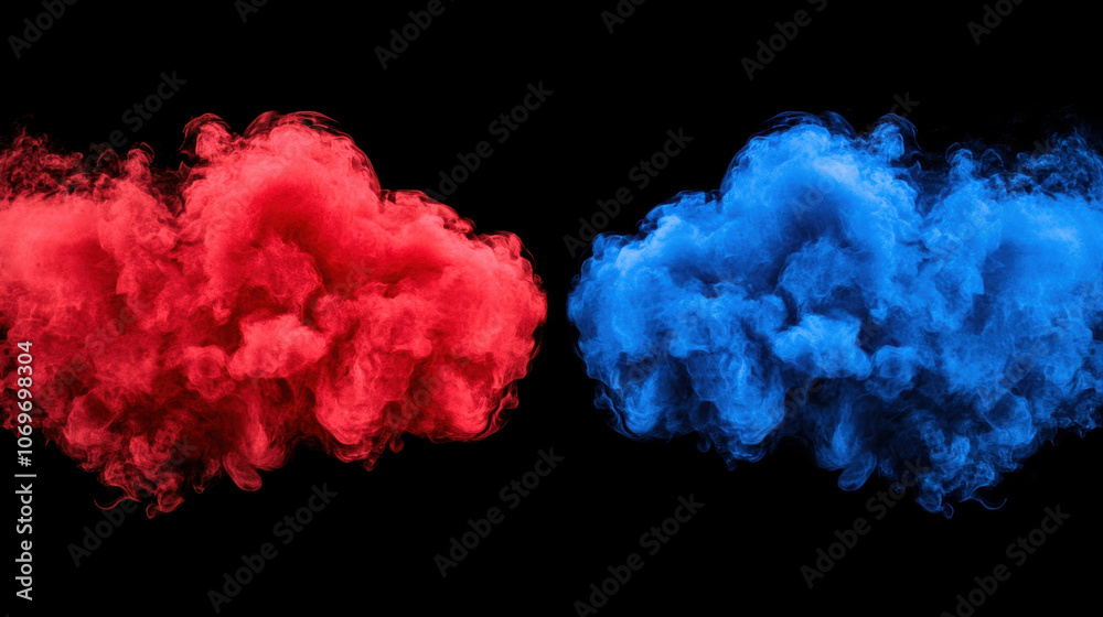 Red and blue smoke clouds merging in dramatic display of color Red and blue smoke clouds merging in dramatic display of color