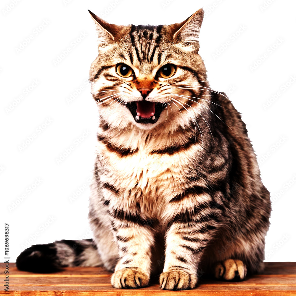 Fototapeta premium Angry and surprised cat isolated on transparent background with a funny and excited expression