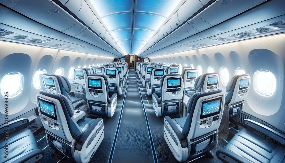 Obraz premium Interior of a modern passenger plane aircraft airplane interior.