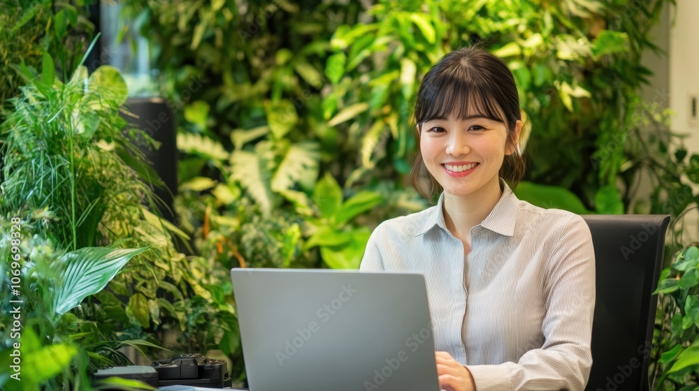 A woman is sitting at a desk with a laptop in front of her. Generative AI A woman is sitting at a desk with a laptop in front of her. Generative AI