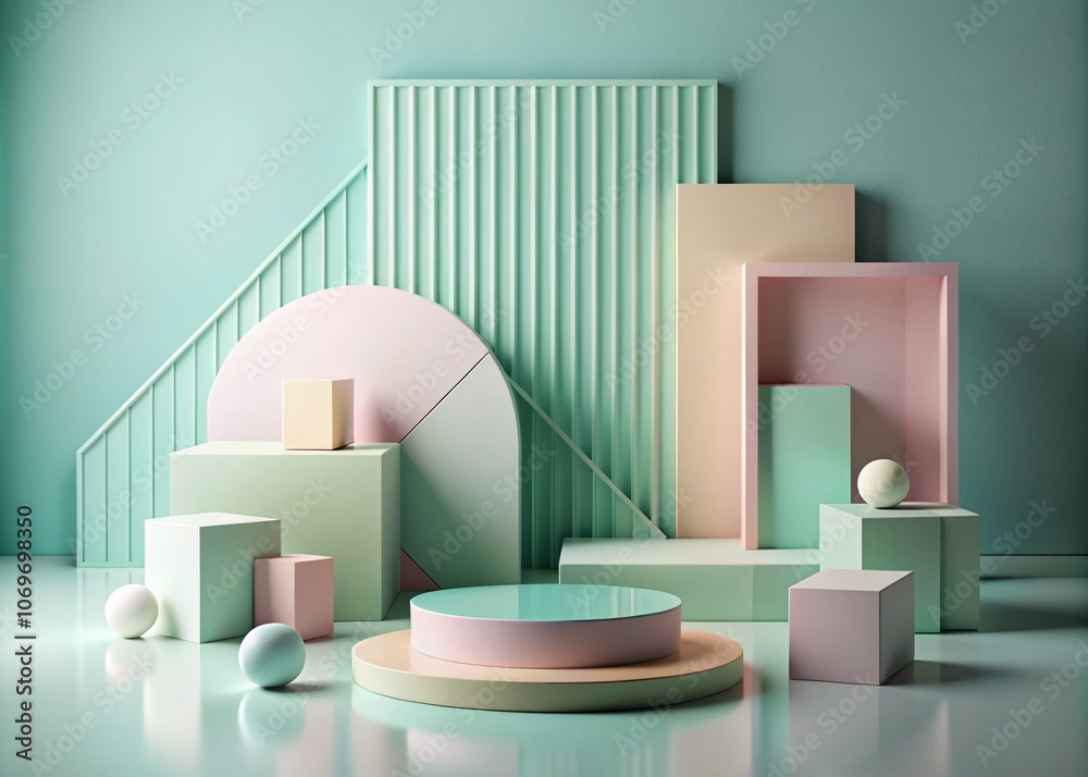 Aerial View of Pastel Geometric Shapes on Modern Platforms for Product Presentation in a Minimalist Style with Abstract Composition and Empty Space for Creative Design Use Aerial View of Pastel Geometric Shapes on Modern Platforms for Product Presentation in a Minimalist Style with Abstract Composition and Empty Space for Creative Design Use