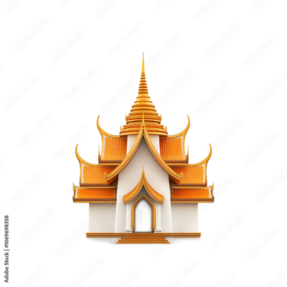 Fototapeta premium 3D Icon of Thai Temple Pagoda - Intricate Golden Details and Traditional Roof Isolated on White