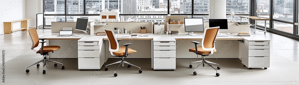 Modern office workspace with four desks and chairs. Modern office workspace with four desks and chairs.