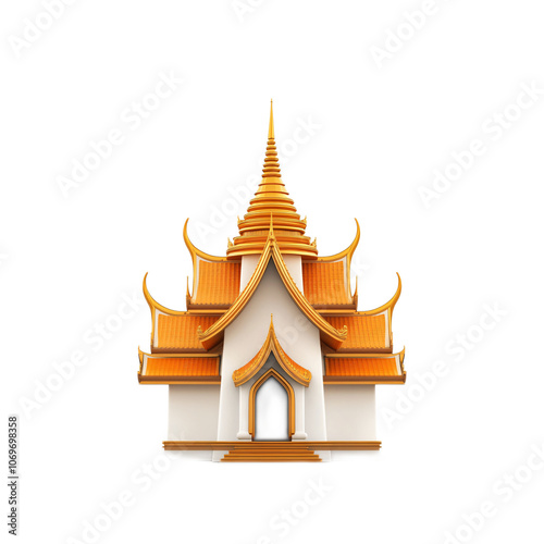 3D Icon of Thai Temple Pagoda - Intricate Golden Details and Traditional Roof Isolated on White