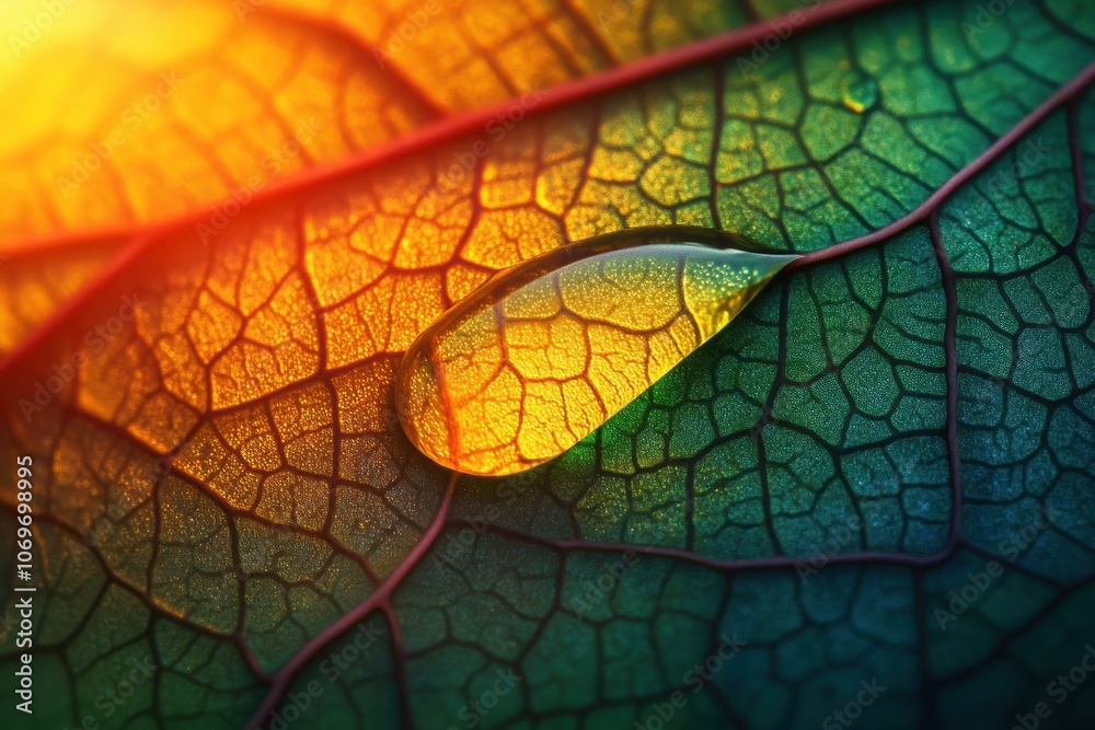 Obraz premium Water droplet on a leaf with sunlight. Great for showcasing nature's beauty, representing purity and refreshing energy.