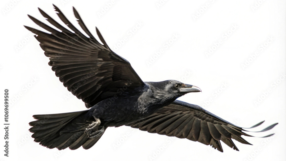 A majestic crow in flight, its wings outstretched against a white background. The image highlights the bird's powerful flight and sleek silhouette. A majestic crow in flight, its wings outstretched against a white background. The image highlights the bird's powerful flight and sleek silhouette.