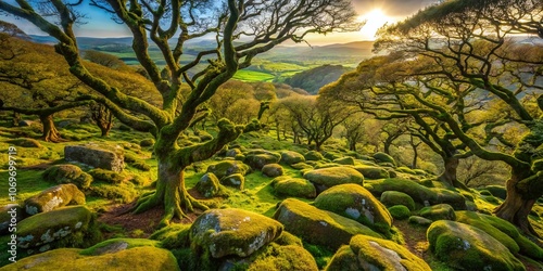 Aerial View of Wistmans Wood in Dartmoor, Devon, UK: Enchanting Ancient Woodland with Gnarled Trees and Lush Greenery Captured from Above in Stunning Drone Photography photo