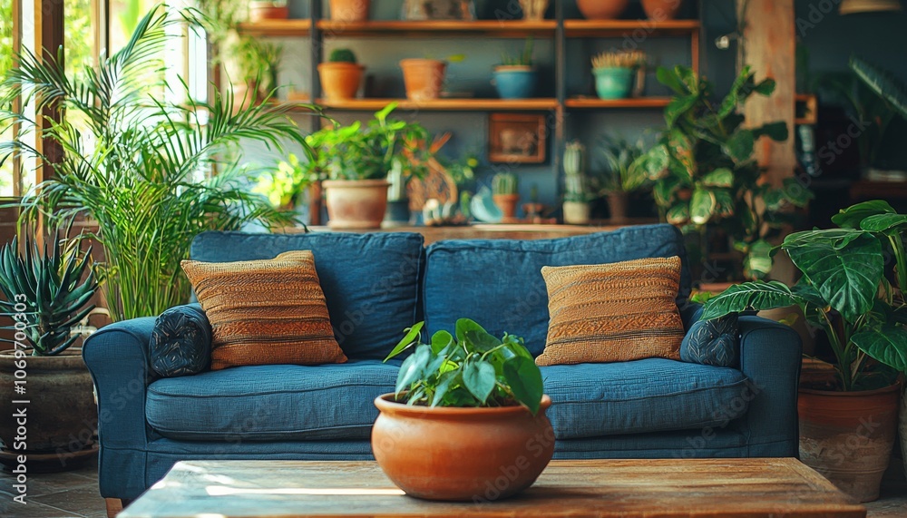 A cozy living room featuring a blue sofa, decorative pillows, and abundant greenery from various potted plants. A cozy living room featuring a blue sofa, decorative pillows, and abundant greenery from various potted plants.