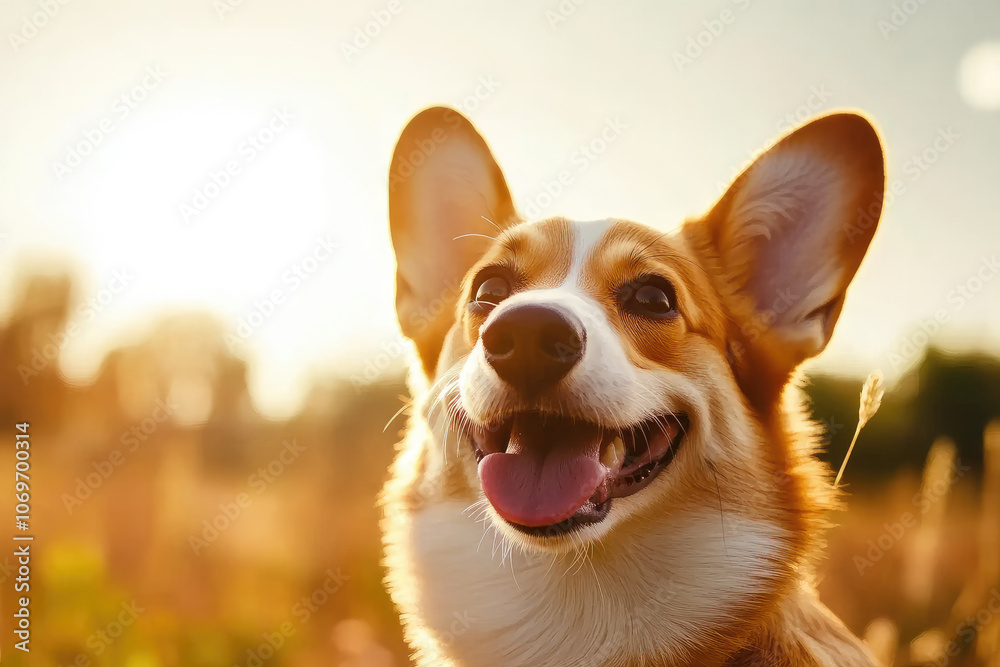 Joyful Corgi basking in the summer sun, tail wagging, surrounded by vibrant flowers and a clear blue sky, radiating pure happiness