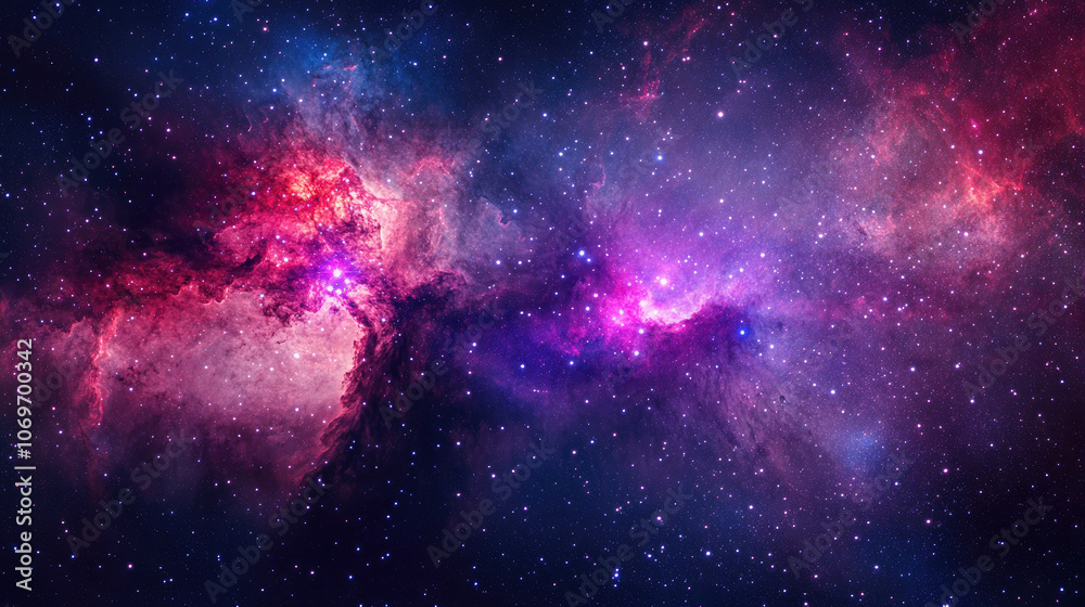 Obraz premium Vibrant Cosmic Nebula, a stunning display of purple and red hues amidst a sea of twinkling stars in an expansive universe.