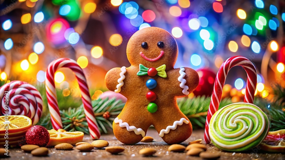 Obraz premium A Joyous Gingerbread Man Amidst a Festive Array of Colorful Sweets Perfect for Christmas and New Year Celebrations, Radiating Holiday Cheer and Whimsy in Every Detail
