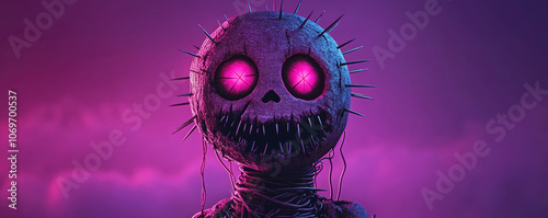 Cursed cartoon voodoo doll adorned with pins, set against a deep purple backdrop, evokes a sense of eerie enchantment and playful malevolence. photo