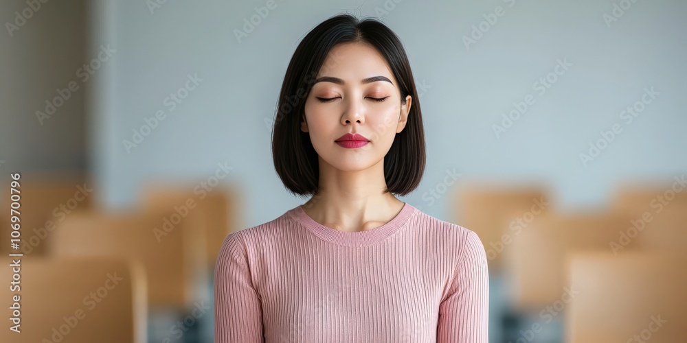 A serene woman with closed eyes practices mindfulness in a modern, minimalist environment, evoking tranquility and focus. A serene woman with closed eyes practices mindfulness in a modern, minimalist environment, evoking tranquility and focus.