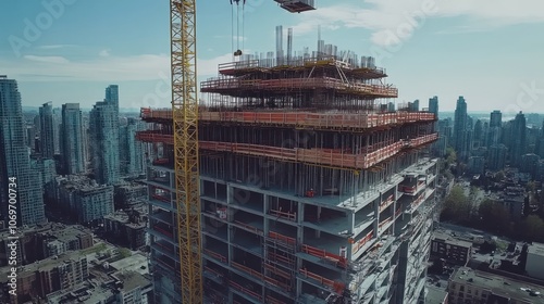 Wide shot of a high-rise building under construction, scaffolding covering the exterior, cranes lifting materials, workers in safety gear moving around, cityscape in the background,