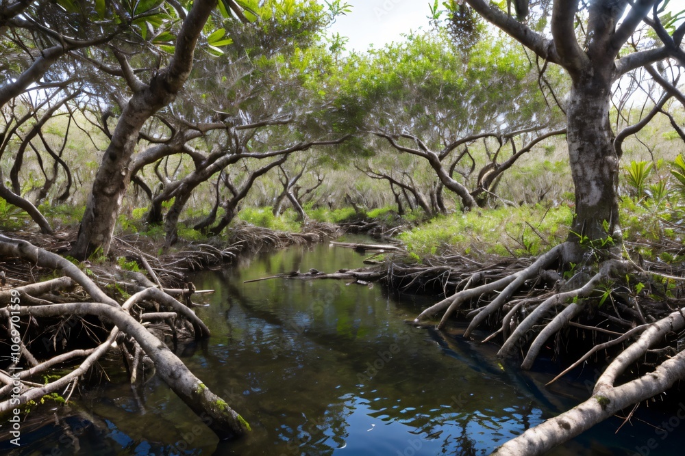 Dense mangrove forest with winding roots growing in crystal-clear water Dense mangrove forest with winding roots growing in crystal-clear water