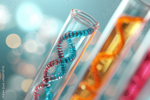 DNA analysis in healthcare, showcasing chromosomal structures, test tubes with samples, innovative biotechnology in medical research and chemistry labs