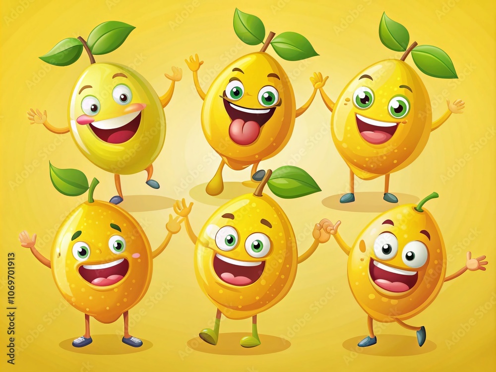 A Playful Collection of Retro Cartoon Lemon Characters Showcasing Unique Poses and Emotions, Smiling Citrus Fruit Mascots in a Vibrant and Whimsical Style for Your Creative Projects A Playful Collection of Retro Cartoon Lemon Characters Showcasing Unique Poses and Emotions, Smiling Citrus Fruit Mascots in a Vibrant and Whimsical Style for Your Creative Projects