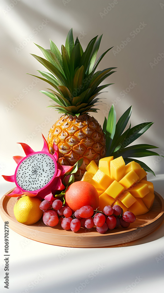 A 3D Render of a Fresh Fruit Arrangement with a Pineapple, Dragon Fruit, Mango, Red Plum, Grapes and Lemon on a Wooden Tray A 3D Render of a Fresh Fruit Arrangement with a Pineapple, Dragon Fruit, Mango, Red Plum, Grapes and Lemon on a Wooden Tray
