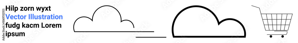 Two black cloud shapes and a shopping cart on white symbolize technology and commerce. Ideal for online shopping, cloud computing, e-commerce, digital marketplaces, technology concepts, minimalistic Two black cloud shapes and a shopping cart on white symbolize technology and commerce. Ideal for online shopping, cloud computing, e-commerce, digital marketplaces, technology concepts, minimalistic