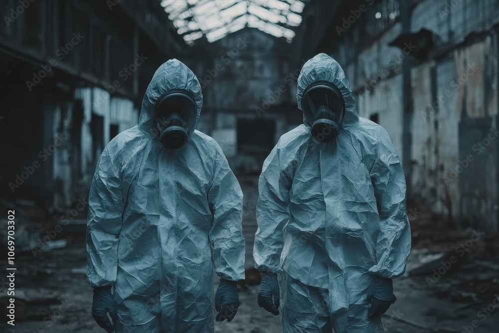 Two figures in hazmat suits stand in a ruined building. This image can be used to illustrate a post-apocalyptic setting or a hazardous environment. Two figures in hazmat suits stand in a ruined building. This image can be used to illustrate a post-apocalyptic setting or a hazardous environment.