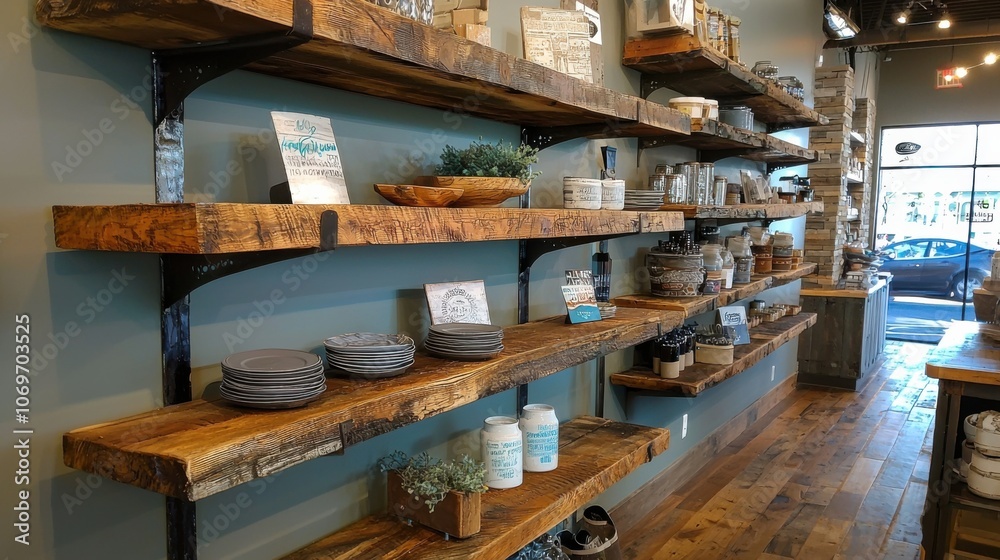 Rustic Shelves with Kitchenware and Decorations Displayed Rustic Shelves with Kitchenware and Decorations Displayed