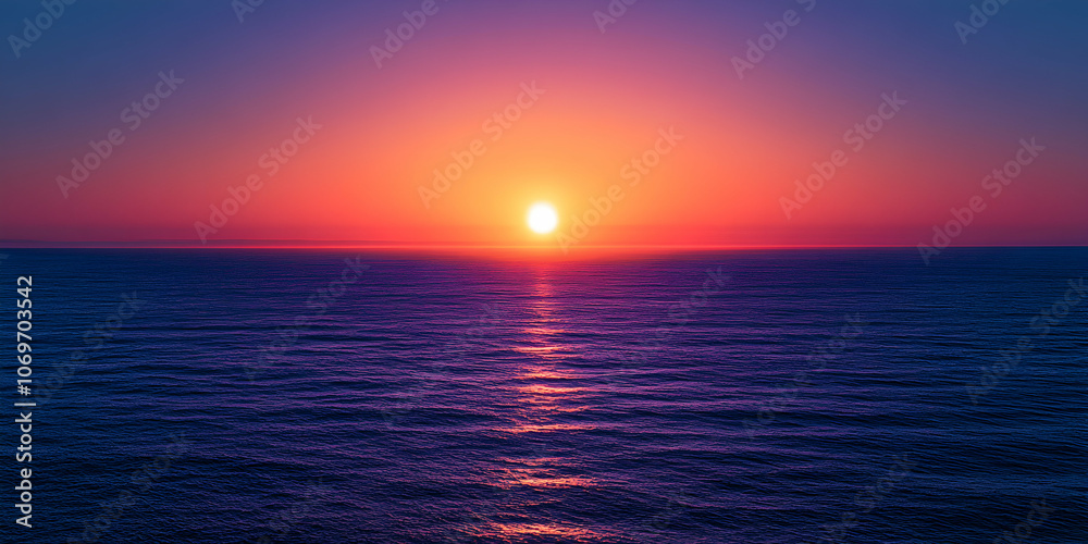 Obraz premium A Vivid Sunset Over a Calm Ocean with a Crimson and Blue Sky