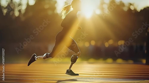 Female athlete with prosthetic leg sprinting on track at sunset.