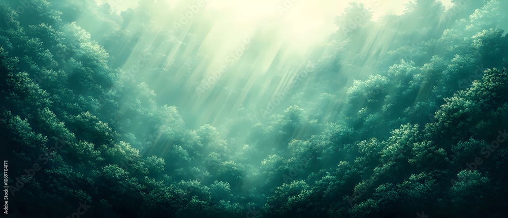 A serene view of a lush green forest, bathed in ethereal light that filters through the dense canopy, creating a tranquil and mystical atmosphere. A serene view of a lush green forest, bathed in ethereal light that filters through the dense canopy, creating a tranquil and mystical atmosphere.