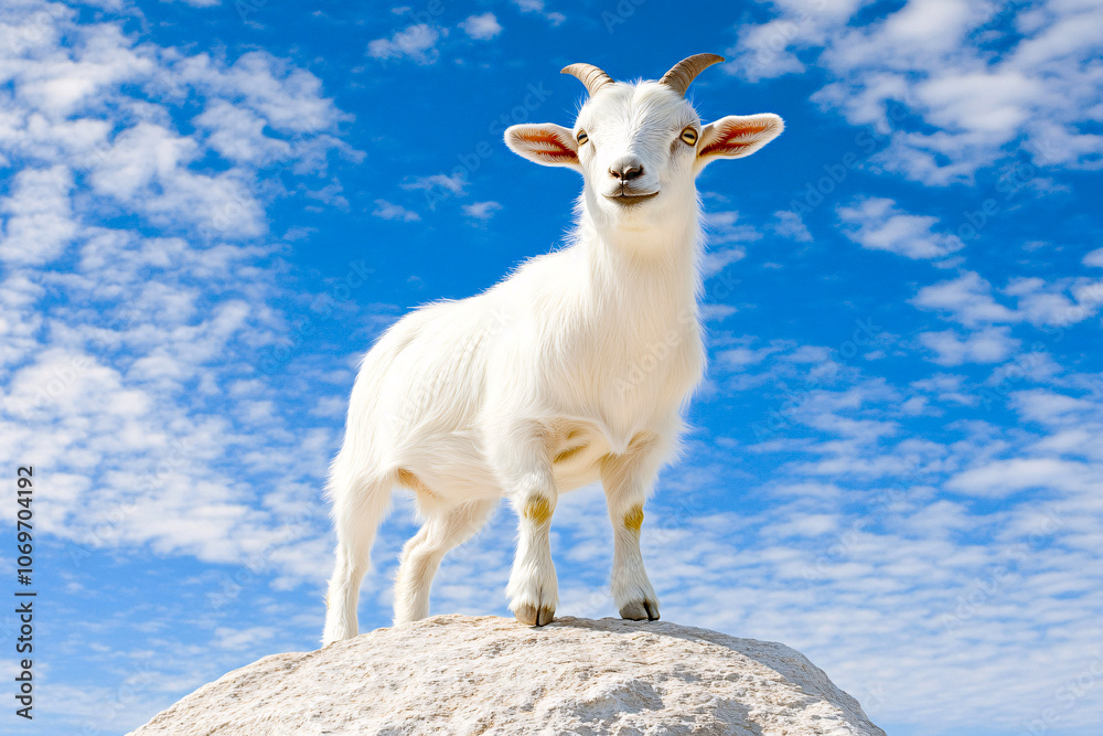 Fototapeta premium A playful goat standing on a rock with a curious expression, set against a rugged outdoor backdrop